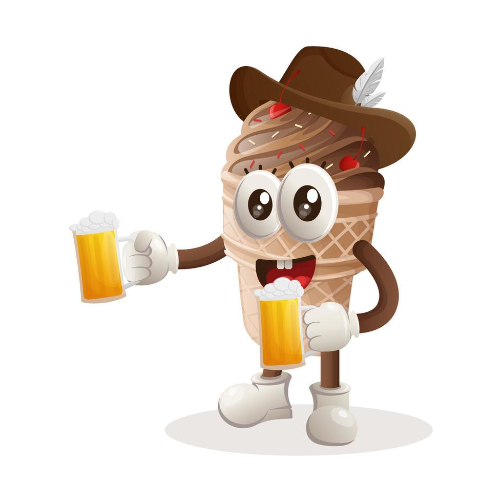 Cute ice cream mascot celebrate oktoberfest with holding beer vector