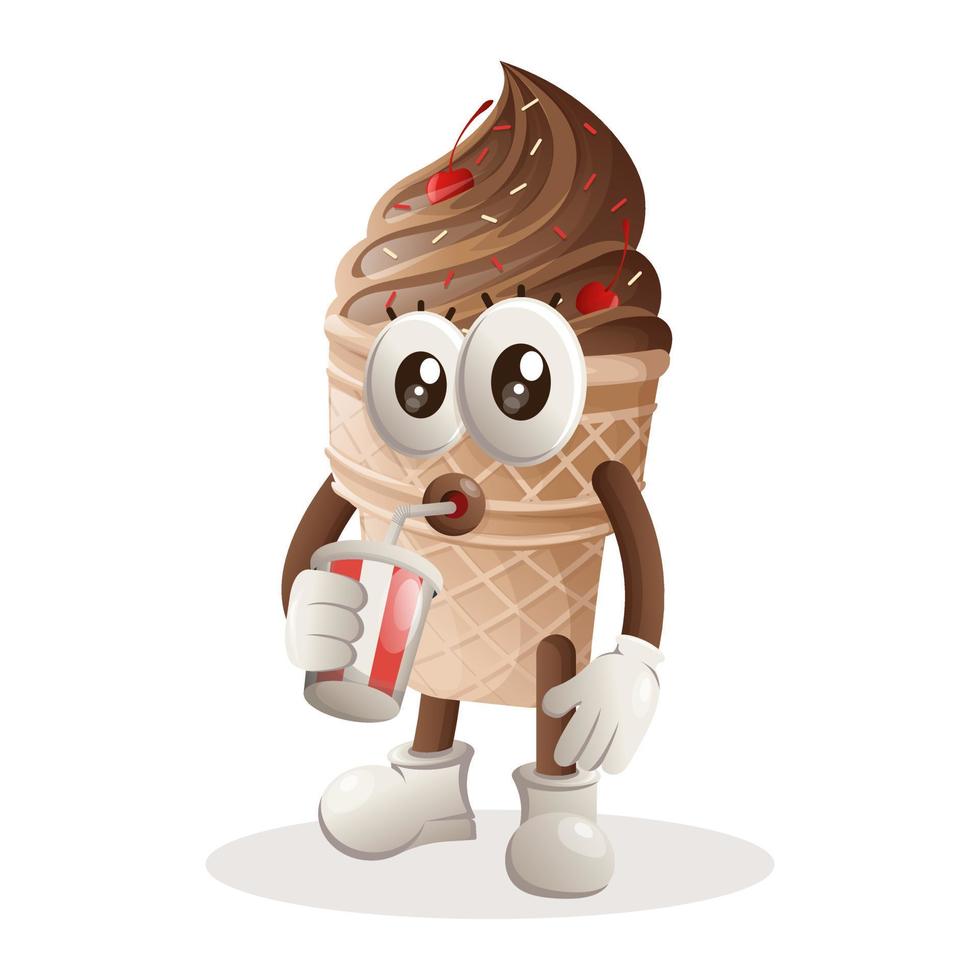 linda mascota de helado bebiendo refrescos, cola vector