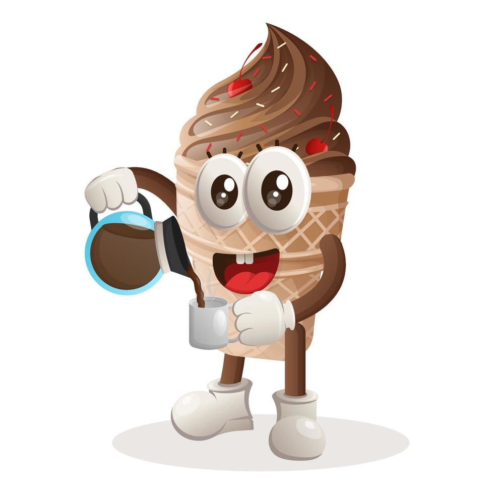 Cute ice cream mascot drinking coffee, coffee time vector