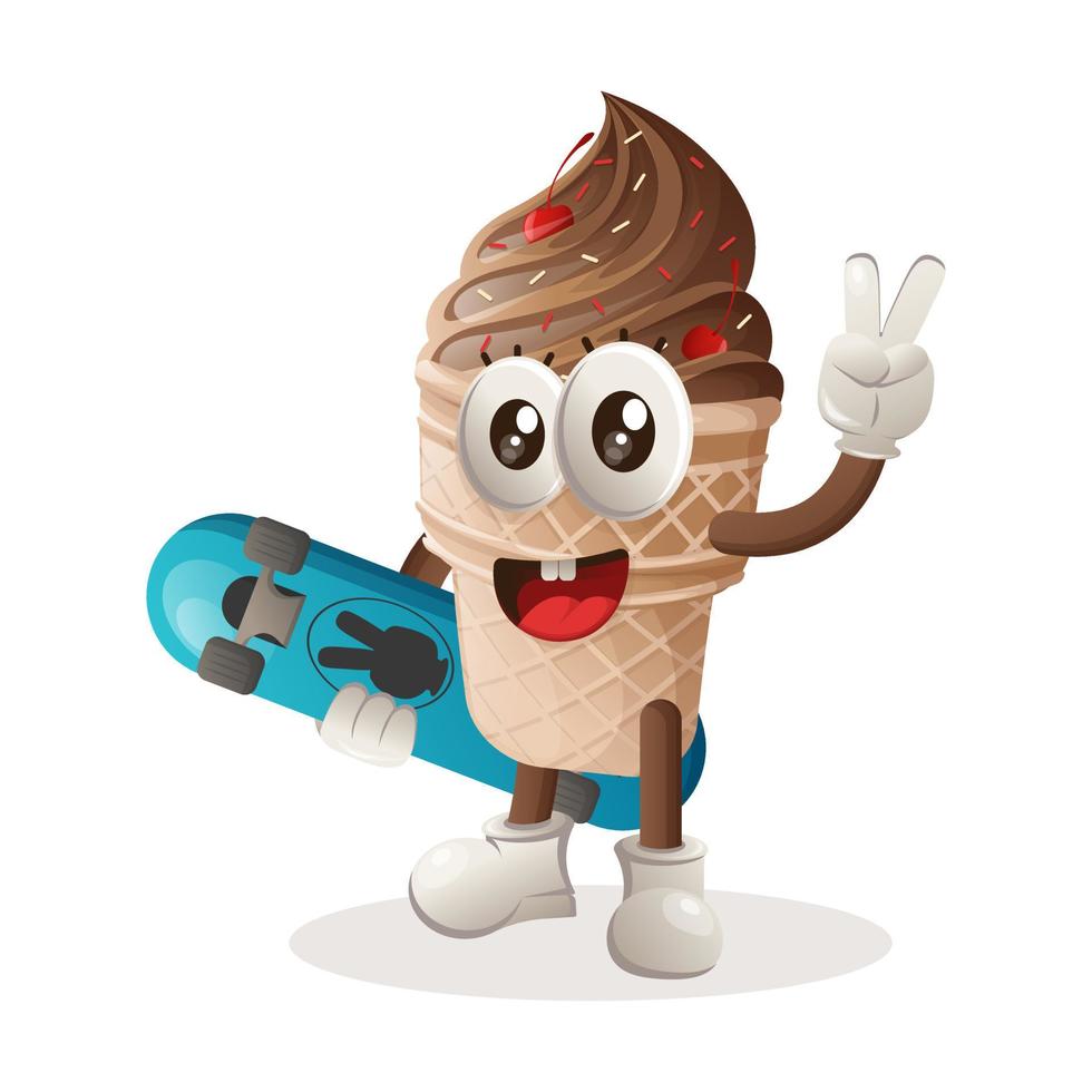 linda mascota de helados que lleva una patineta vector