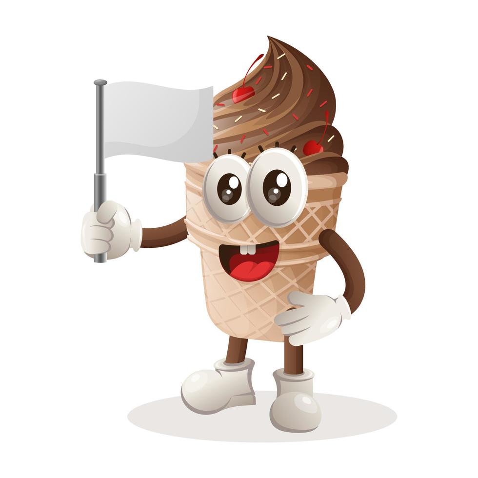 Cute ice cream mascot waving white empty flag vector