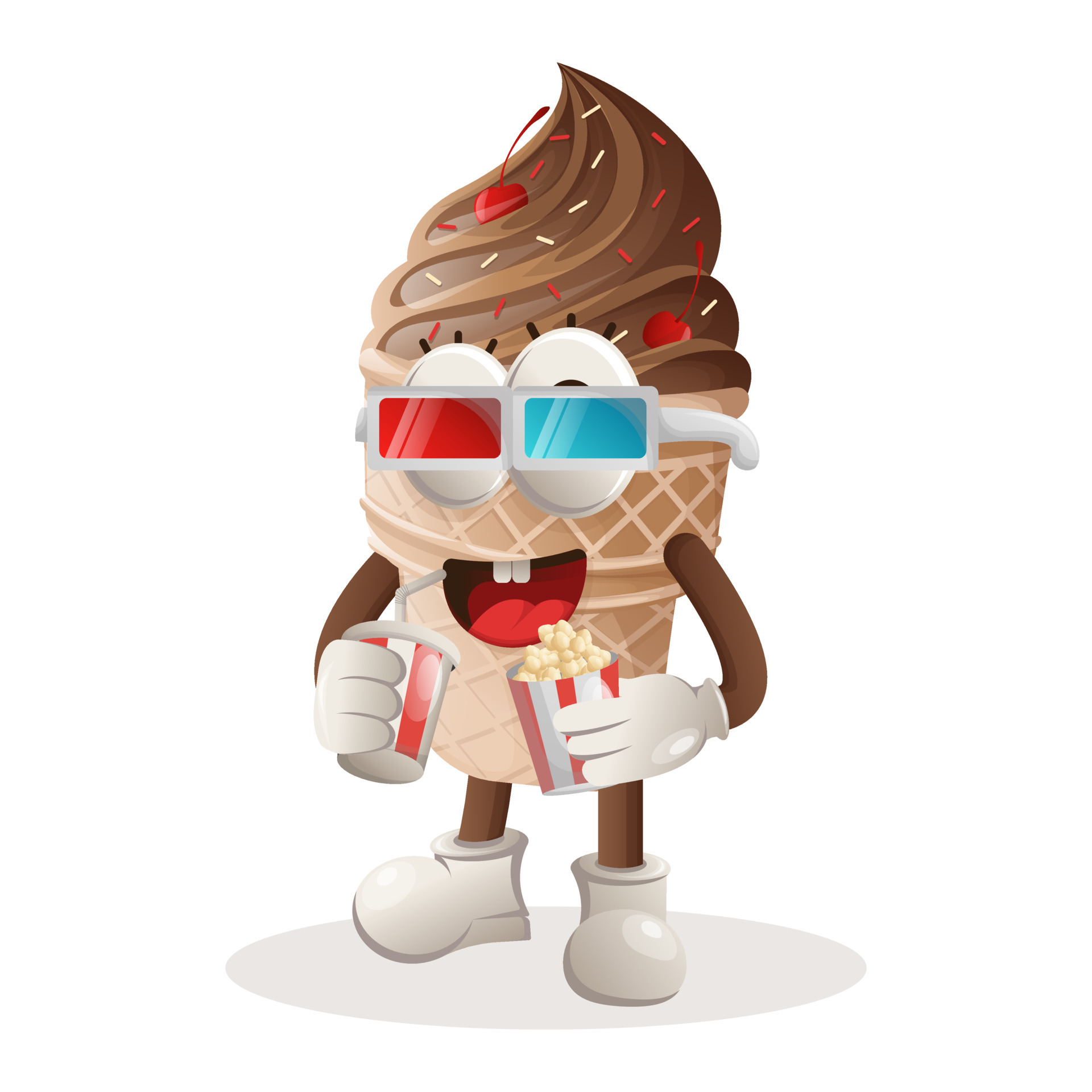 Cute ice cream mascot watching movie with holding soda and popcorn