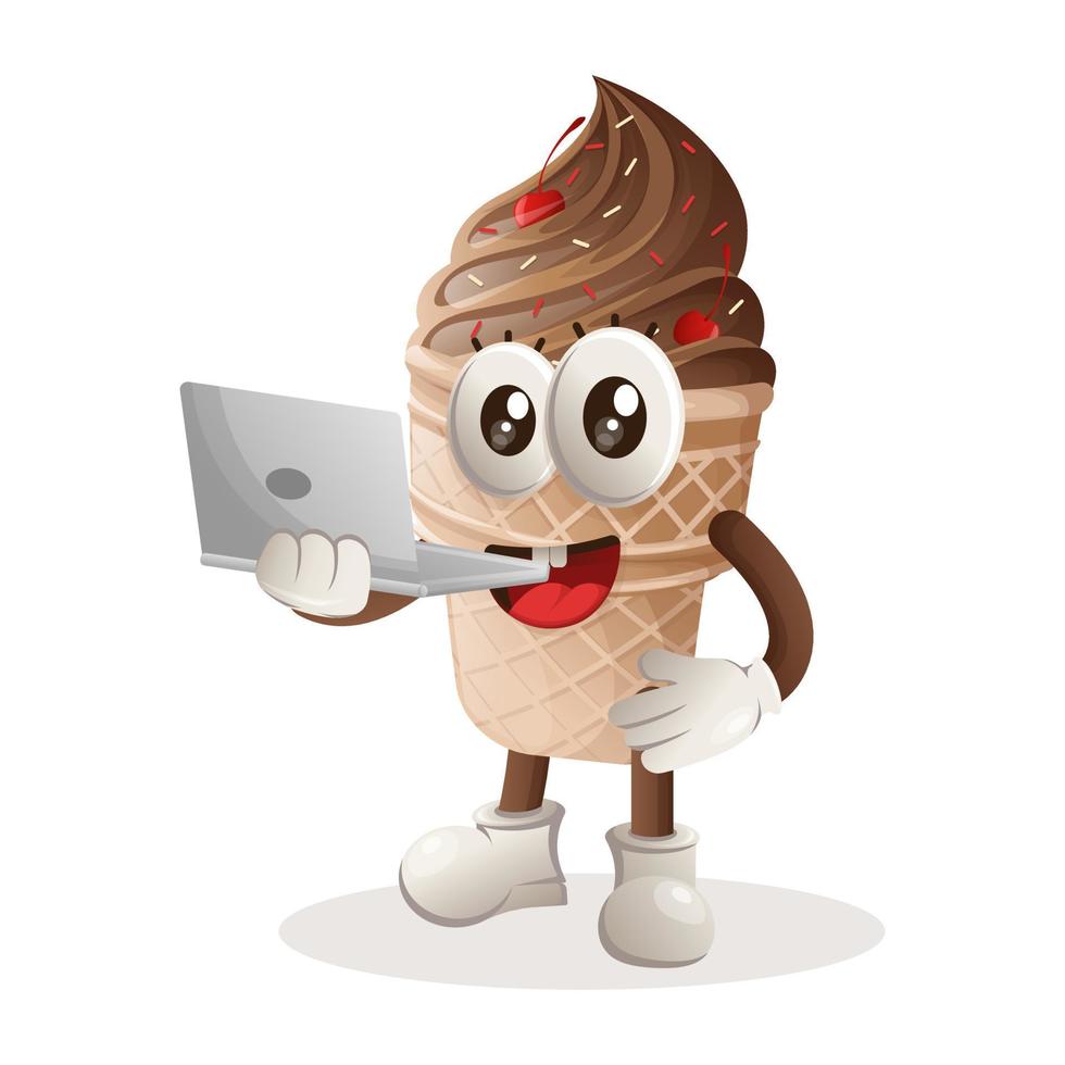 Cute ice cream mascot working using a laptop vector