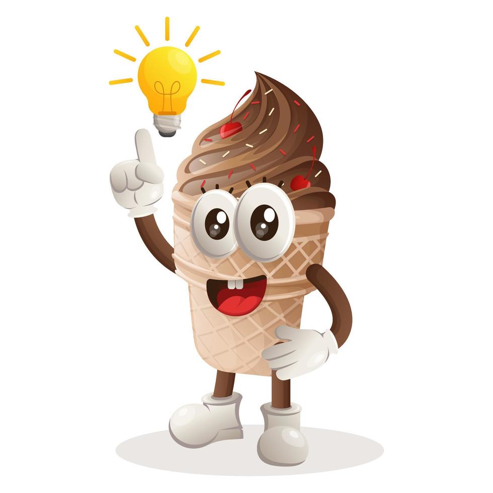 Cute ice cream mascot got an idea, bulb idea, inspiration vector