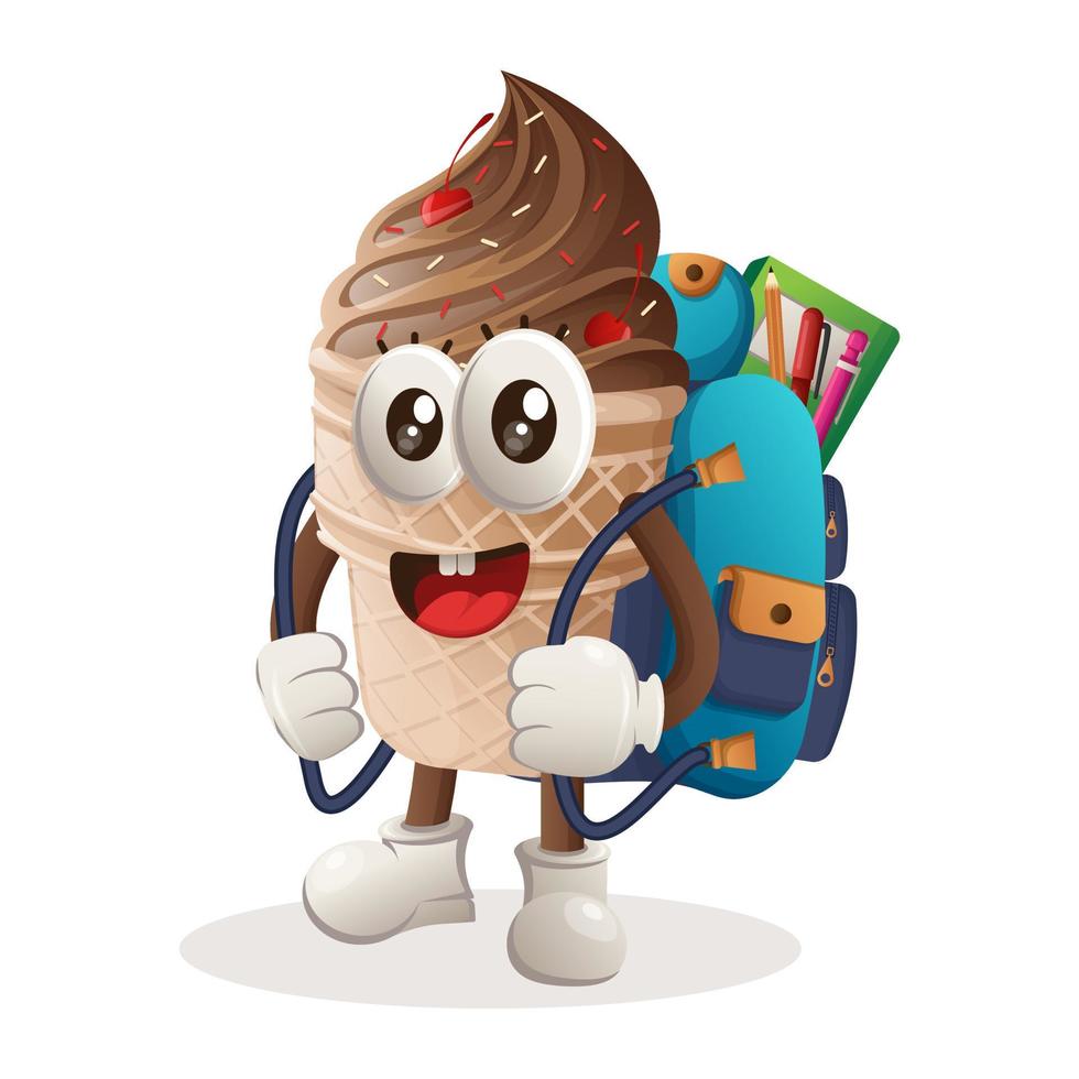 linda mascota de helado que lleva una mochila escolar, mochila, regreso a la escuela vector