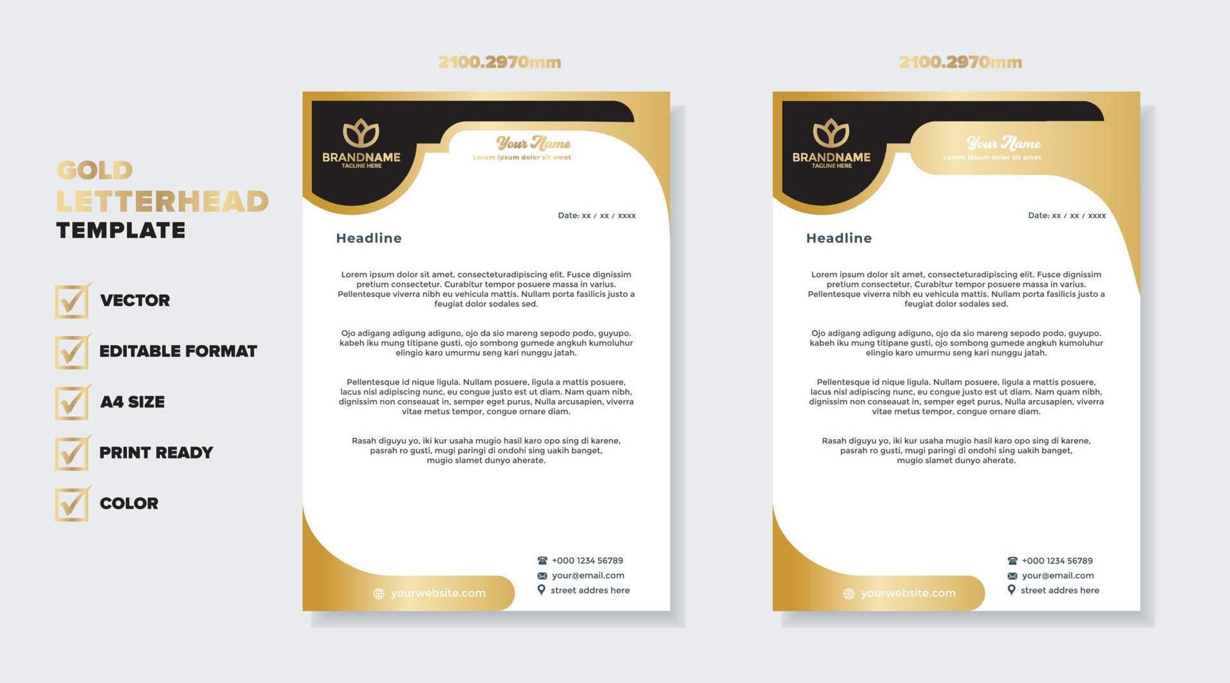plantilla de diseño de membrete dorado de lujo para papelería para formato editable de empresa comercial vector