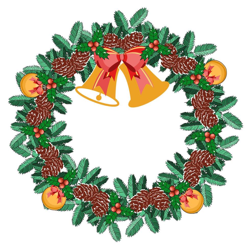 Winter decoration wreath with Christmas tree branches, cones, and ornaments and with holly berries, bells and ribbon bow vector