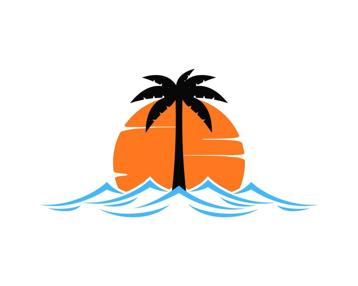 Palm silhouette with sunset and wave vector