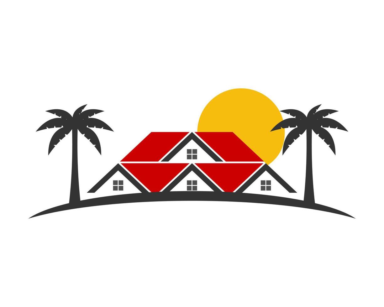 House with palm and sunset vector