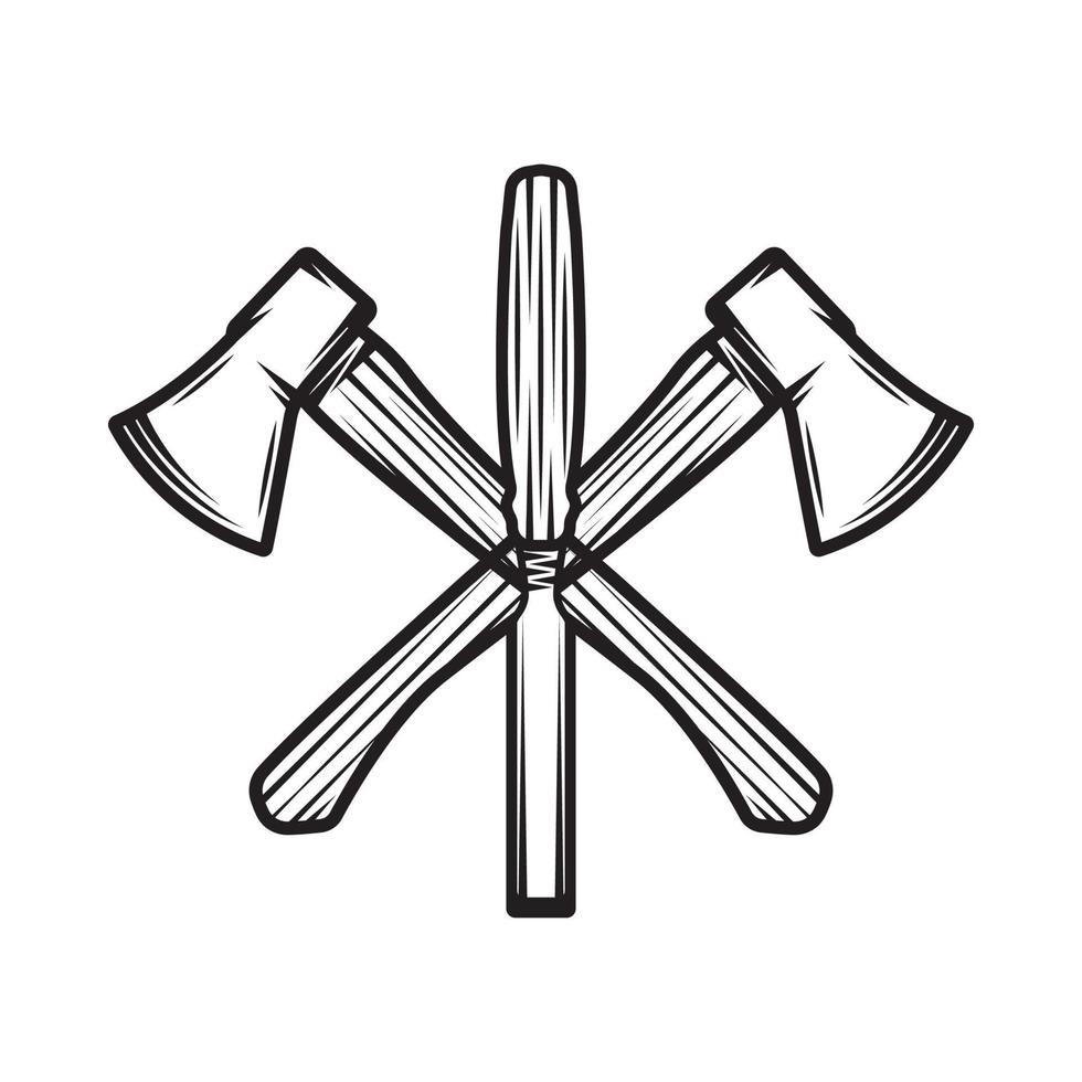Vintage carpentry woodword mechanic axes chisel cross. Can be used like emblem, logo, badge, label. mark, poster or print. Monochrome Graphic Art. Vector