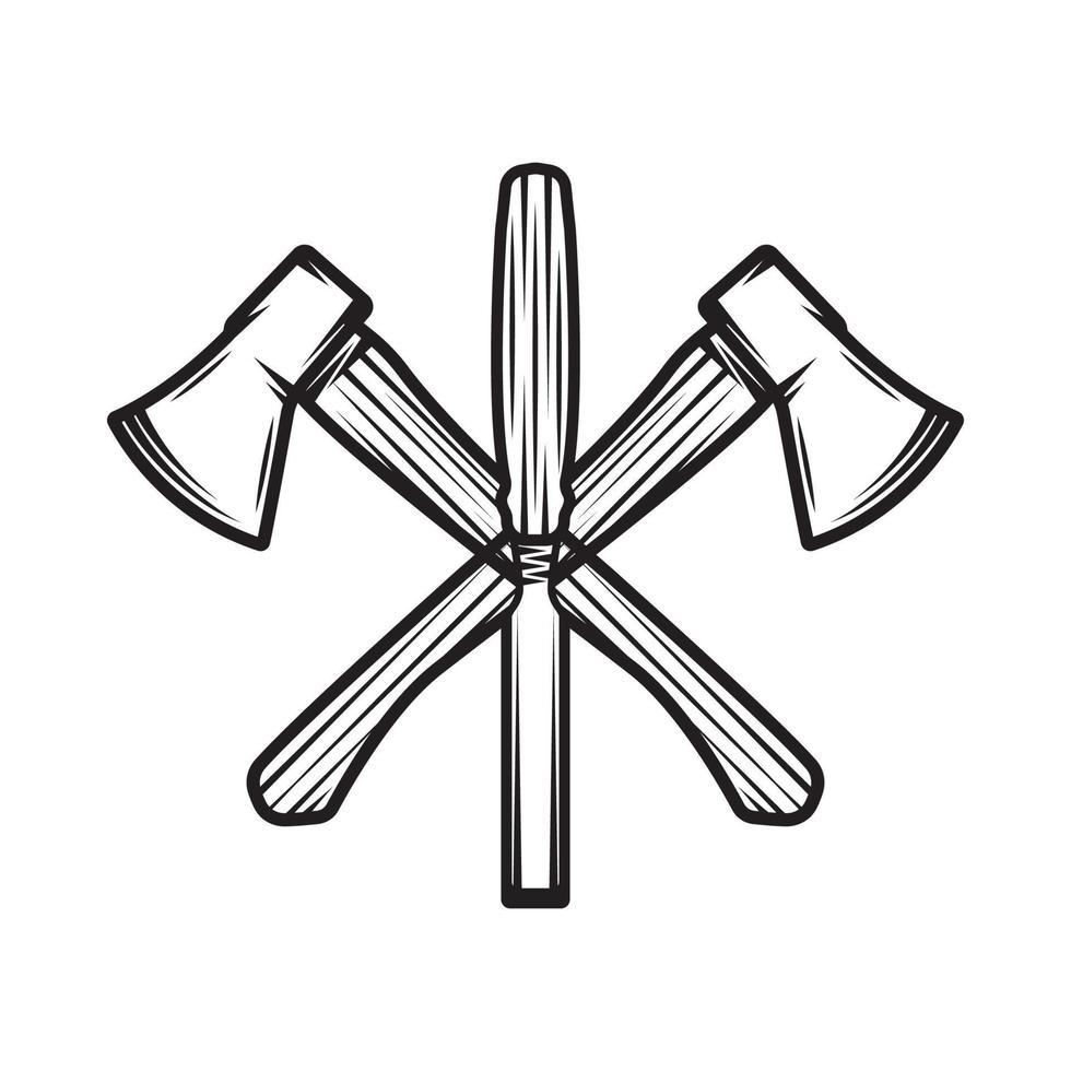 Vintage carpentry woodword mechanic axes chisel cross. Can be used like emblem, logo, badge, label. mark, poster or print. Monochrome Graphic Art. Vector