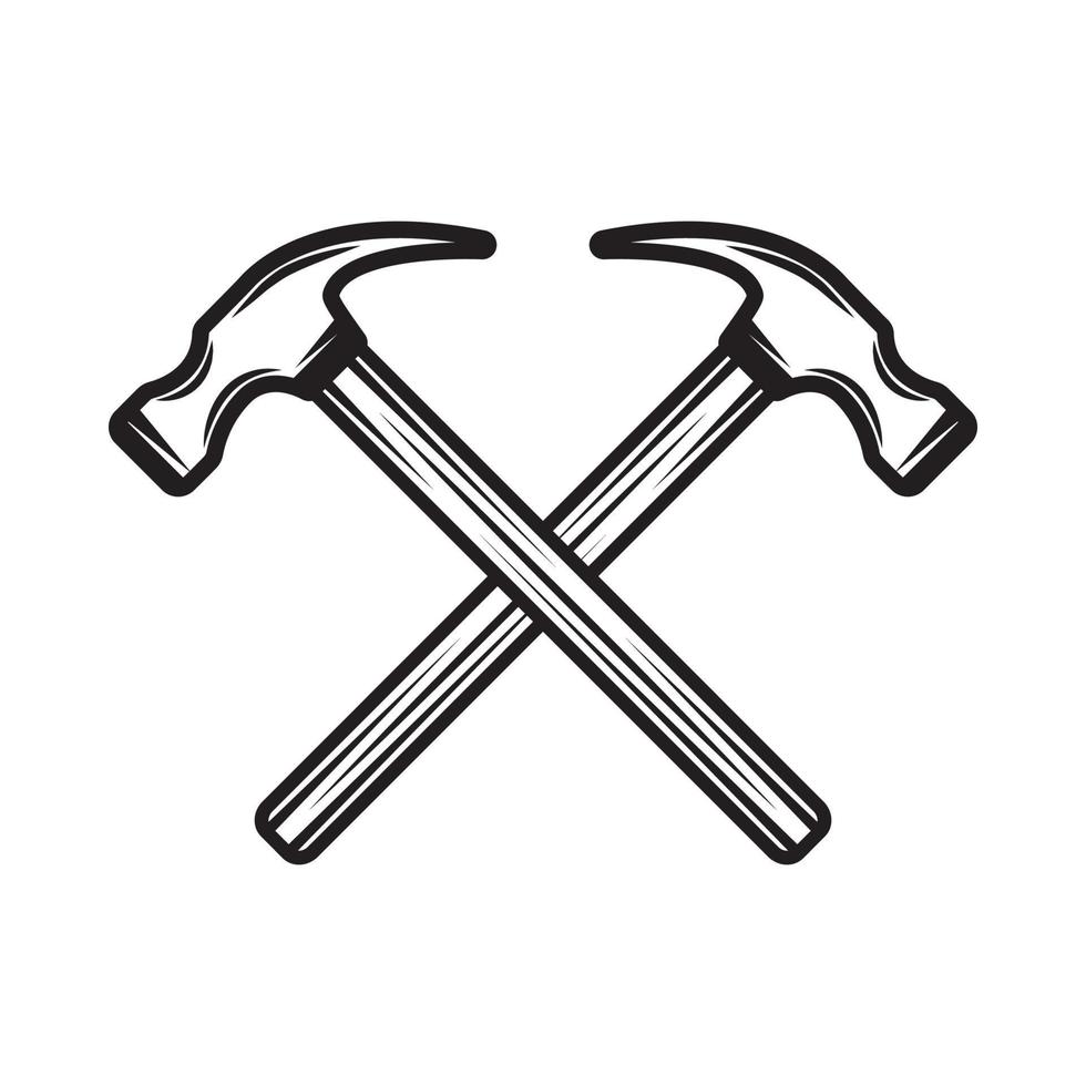 Vintage carpentry woodword mechanic hammer cross. Can be used like emblem, logo, badge, label. mark, poster or print. Monochrome Graphic Art. Vector