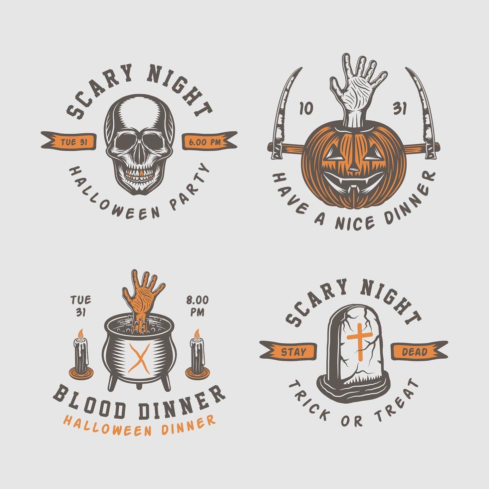 logotipos, emblemas, insignias, etiquetas, marcas, parches de halloween retro vintage. ilustración vectorial arte gráfico monocromático. vector