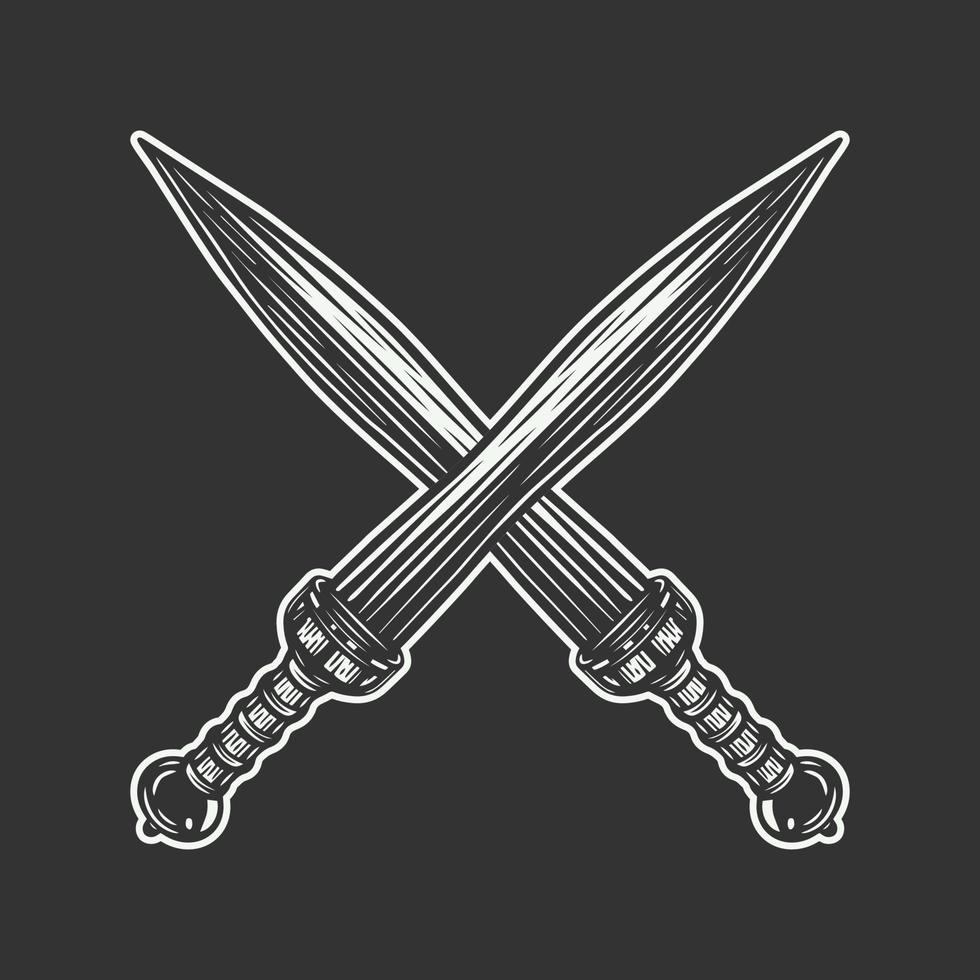 Vintage retro cross swords blades. Can be used for sport patch apparel or fighting design. Vector Illustration. Graphic.