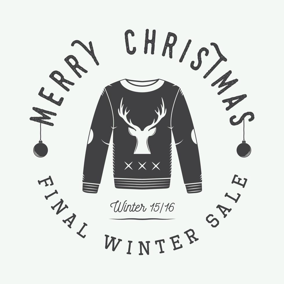 Vintage Merry Christmas or winter sales logo, emblem, badge, label and watermark in retro style with sweater, deer, trees, stars, decor and design elements. Vector illustration