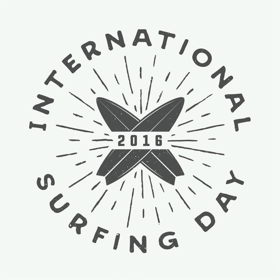 Vintage surfing logo, emblem, badge, label, mark. International surfing 2016 day card. Graphic art. Vector Illustration.