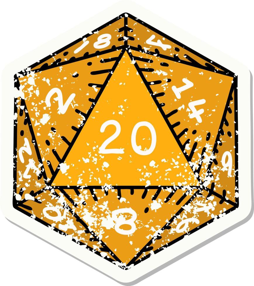 grunge sticker of a natural 20 D20 dice roll vector