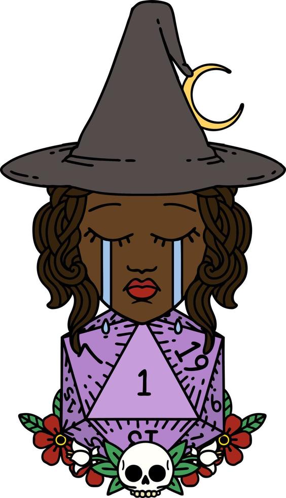 Retro Tattoo Style crying human witch with natural one D20 dice roll vector