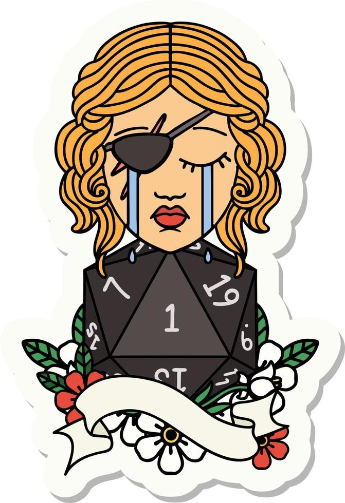 sticker of a crying human rogue with natural one D20 roll vector