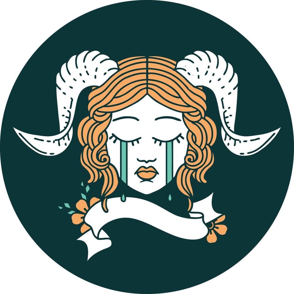 icon of crying tiefling character face with scroll banner vector