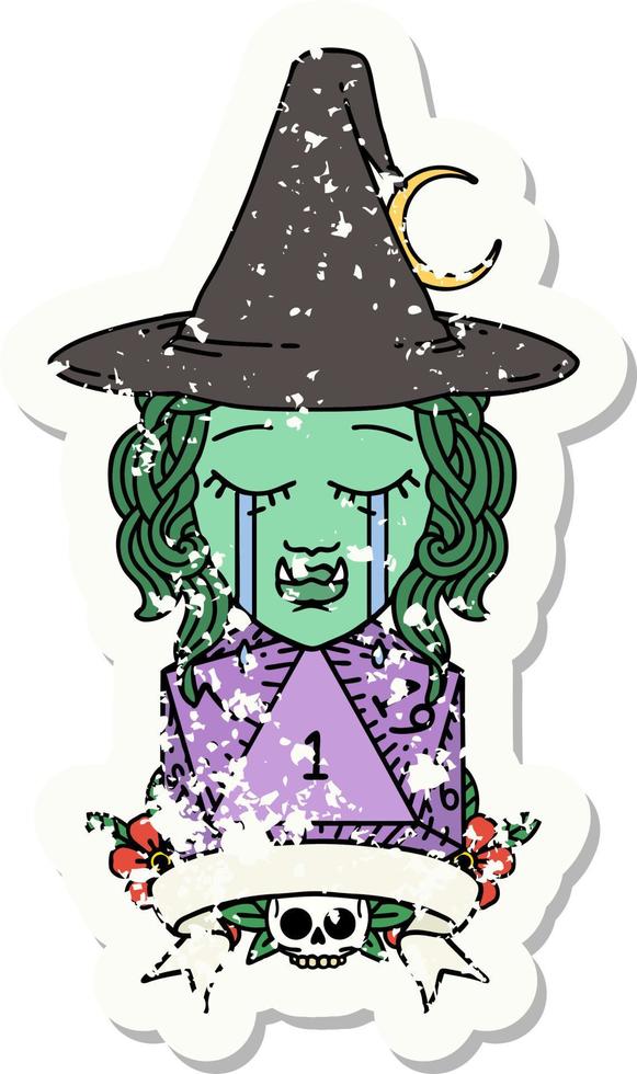 crying half orc witch character with natural one roll illustration vector