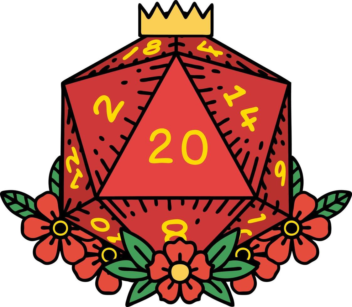 natural 20 D20 dice roll with floral elements illustration vector