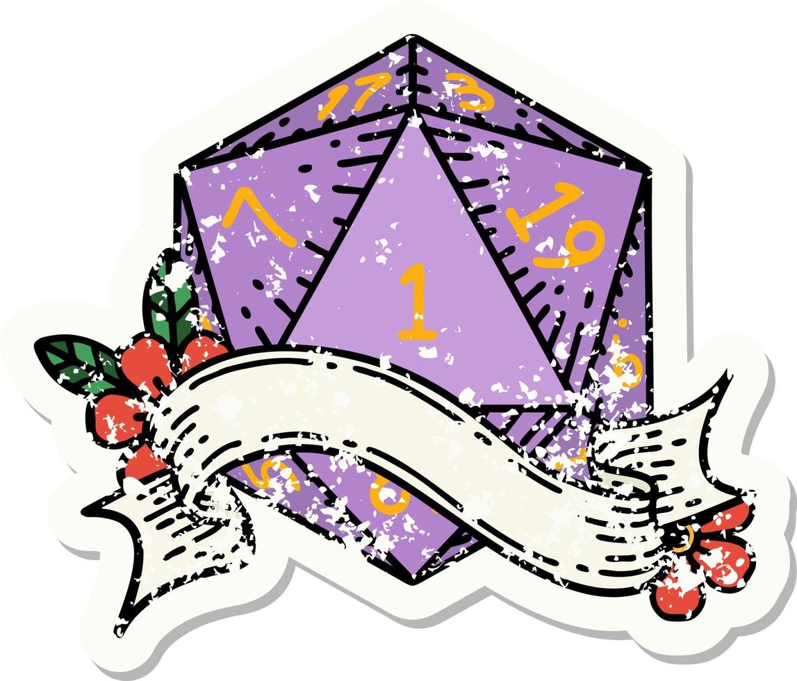 natural one d20 dice roll grunge sticker vector
