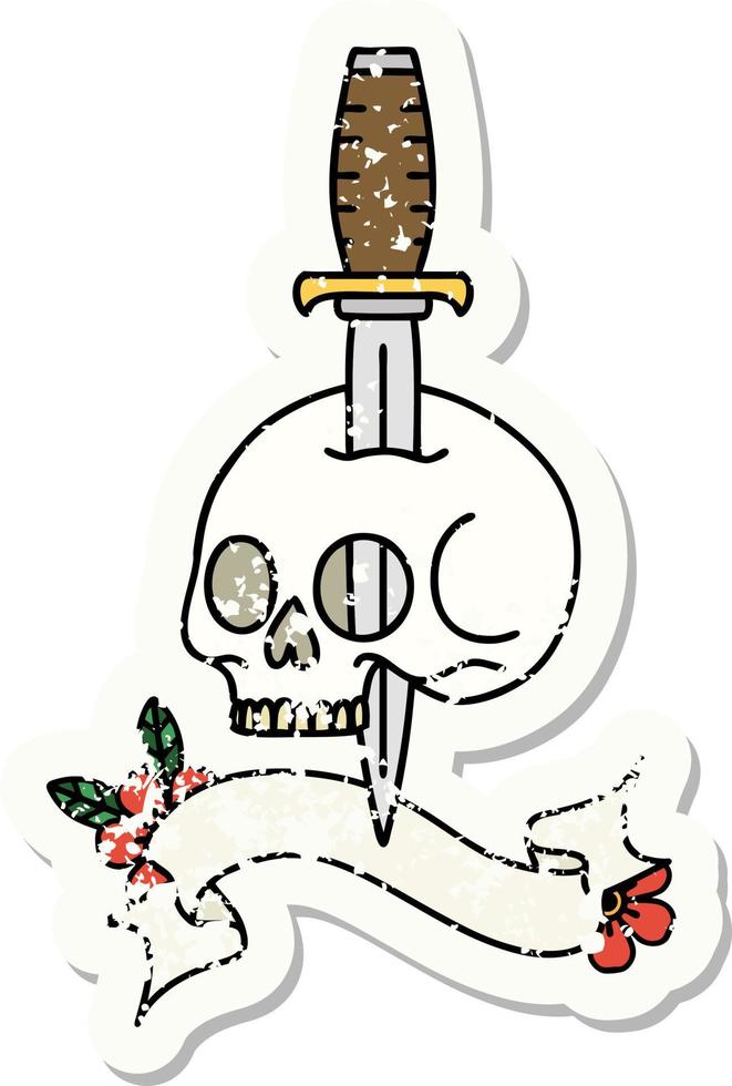 grunge sticker with banner of a skull and dagger vector