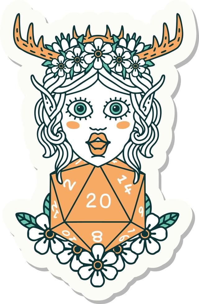 elf druid character with nautral twenty dice roll sticker vector