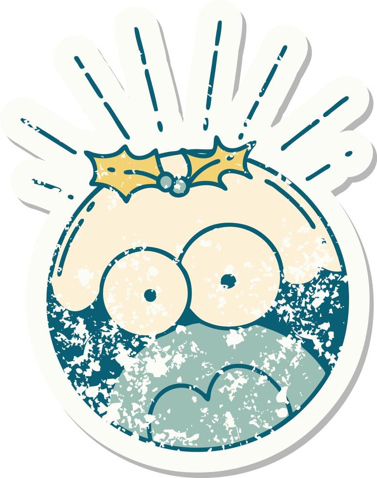 grunge sticker of tattoo style shocked christmas pudding vector