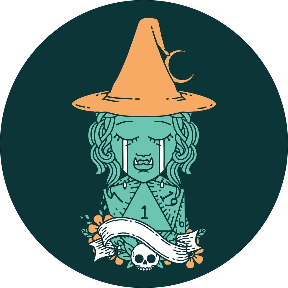 crying half orc witch character face with natural one d20 dice roll icon vector