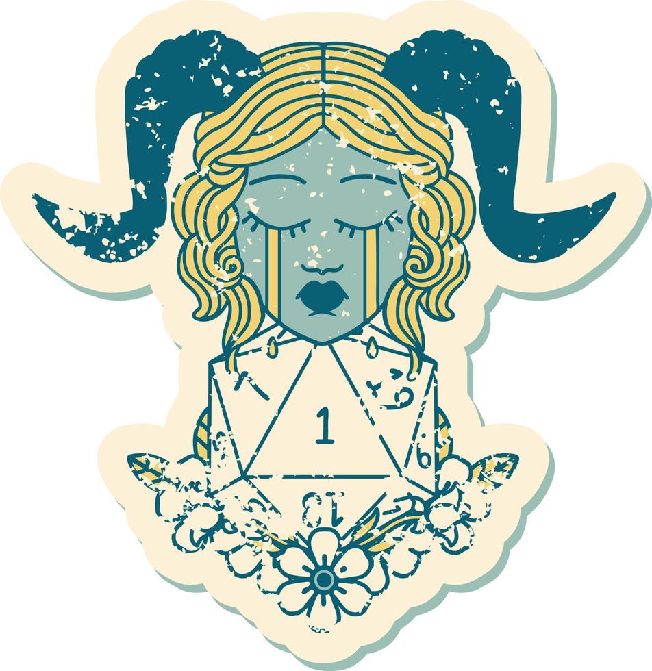 crying tiefling with natural one D20 dice roll grunge sticker vector