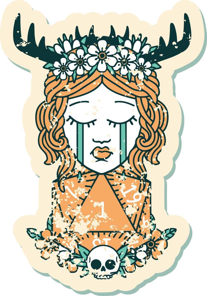 crying human druid with natural one D20 roll grunge sticker vector