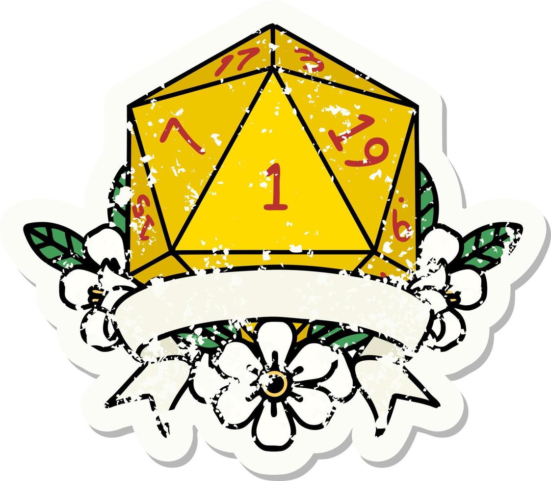 etiqueta engomada natural del grunge del rollo de dados de un d20 vector