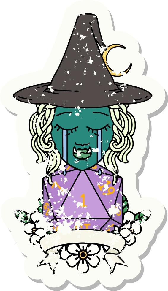 crying half orc witch character with natural one roll illustration vector