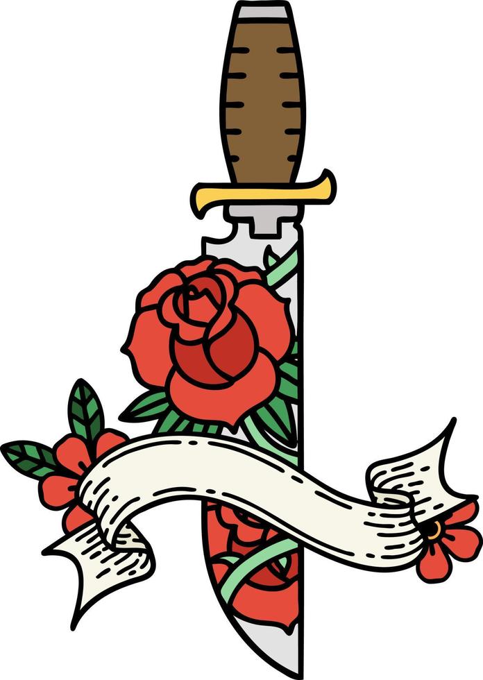 tattoo with banner of a dagger and flowers vector