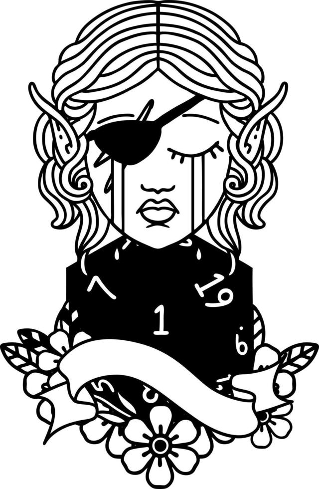 crying elf rogue character face with natural one D20 roll illustration vector