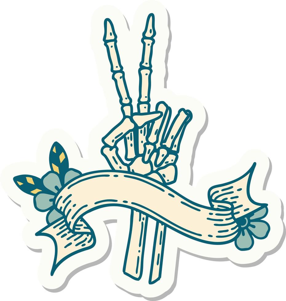 etiqueta engomada del tatuaje con la pancarta de una mano esquelética dando un signo de paz vector