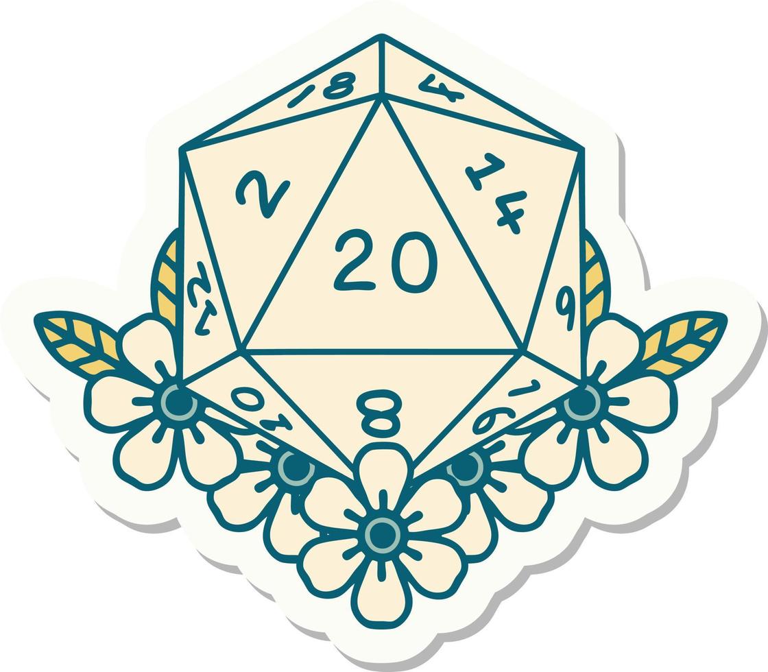 natural 20 D20 dice roll with floral elements sticker vector