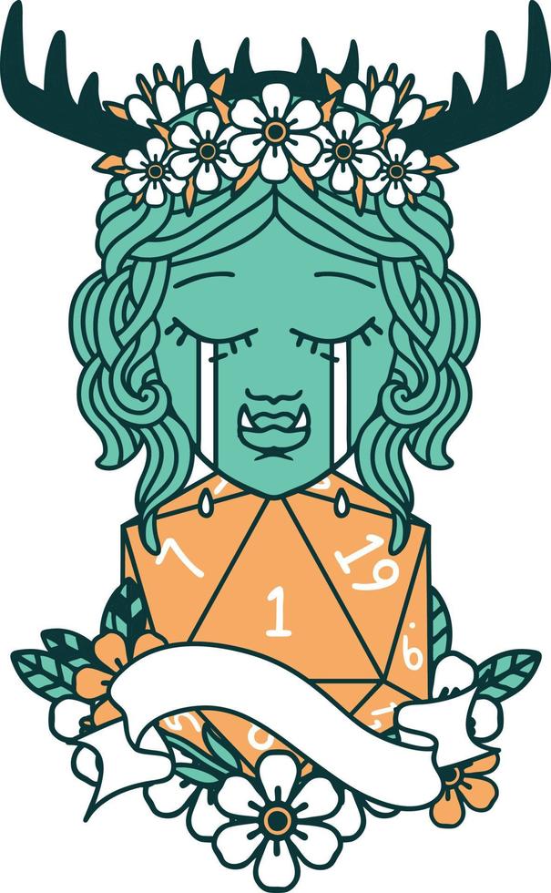 crying orc barbarian character face with natural one D20 roll illustration vector