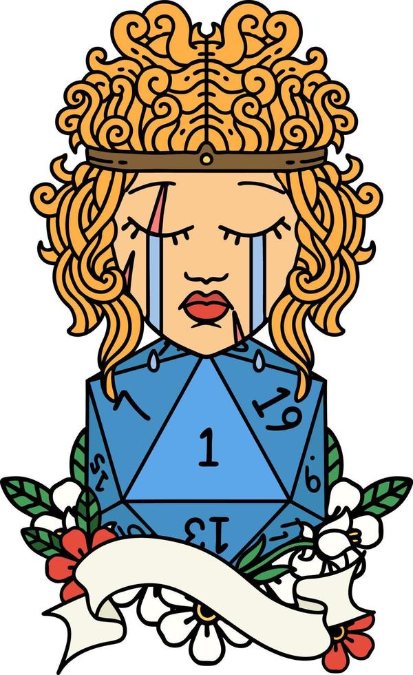 crying human barbarian with natural one d20 roll illustration vector