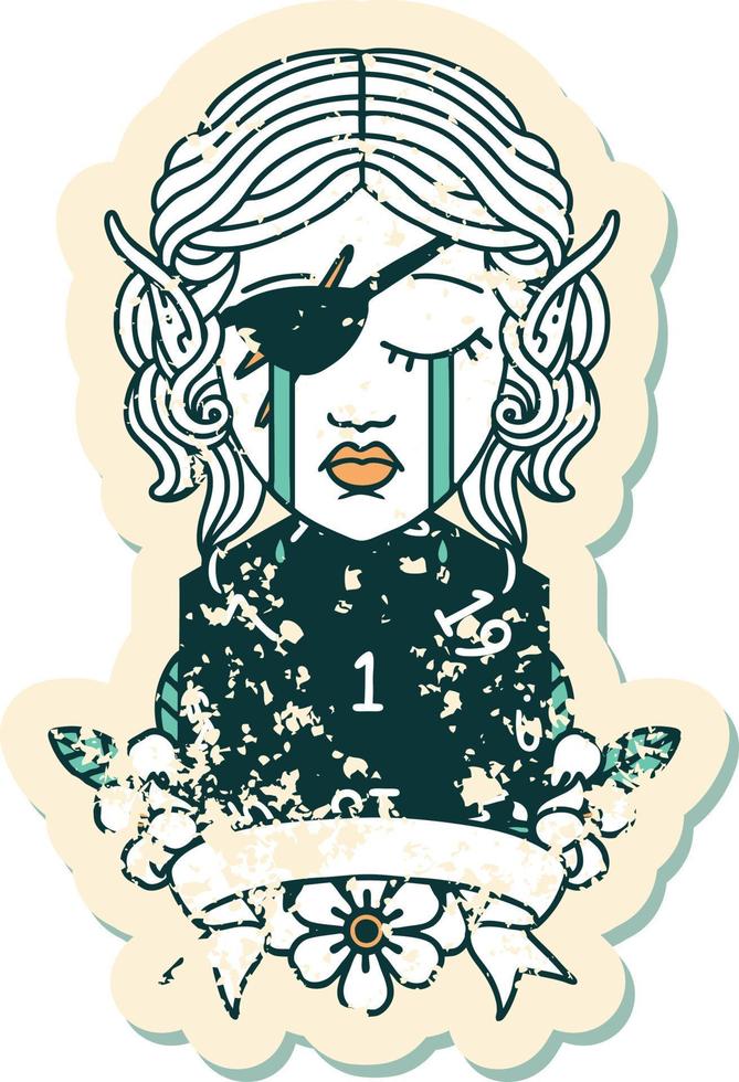 crying elf rogue character with natural one D20 roll illustration vector
