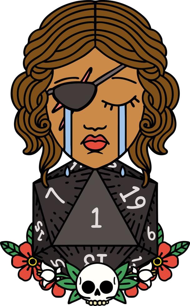 crying human rogue with natural one d20 roll illustration vector
