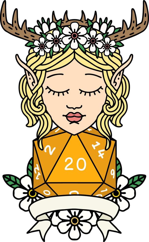elf druid character with natural 20 dice roll illustration vector