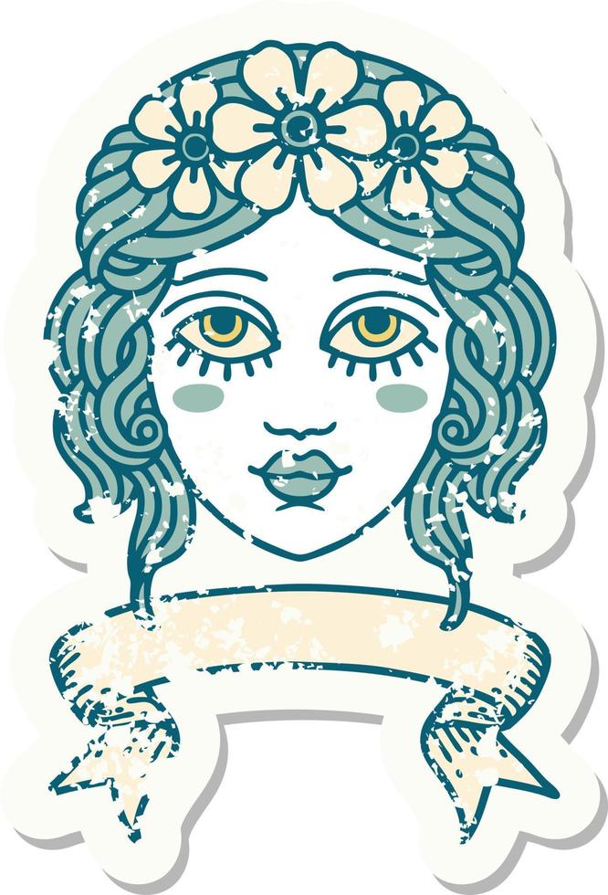 grunge sticker with banner of female face with crown of flowers vector