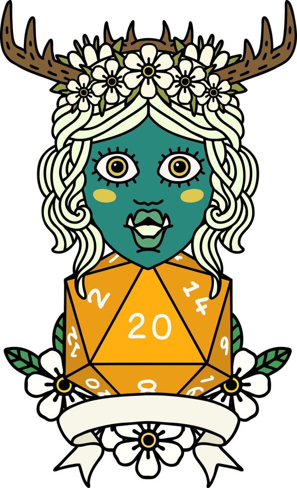 orc druid character with natural twenty dice roll illustration vector