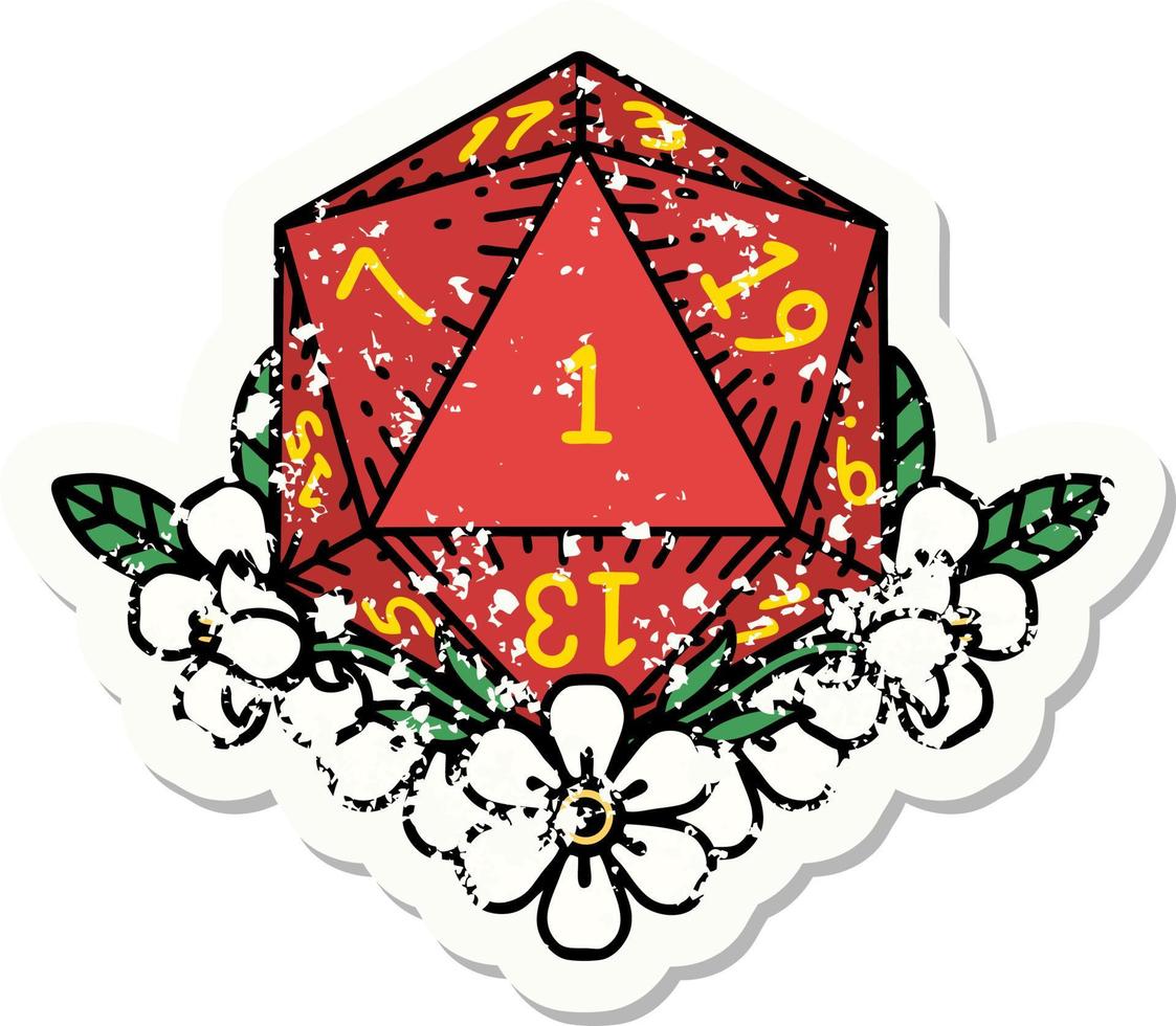 natural one dice roll with floral elements grunge sticker vector