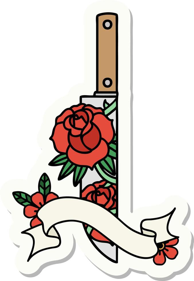 tattoo sticker with banner of a dagger and flowers vector