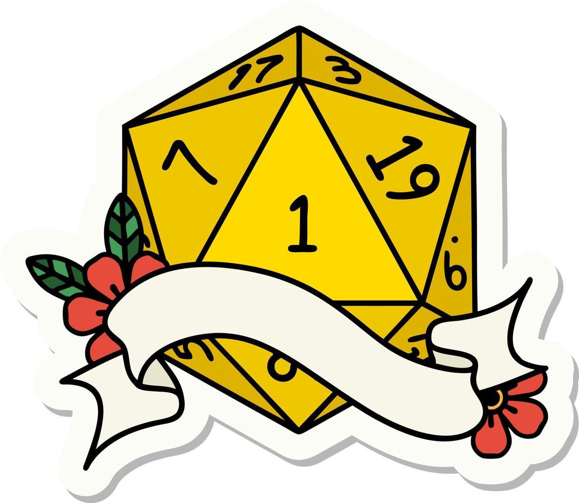 natural one d20 dice roll sticker vector