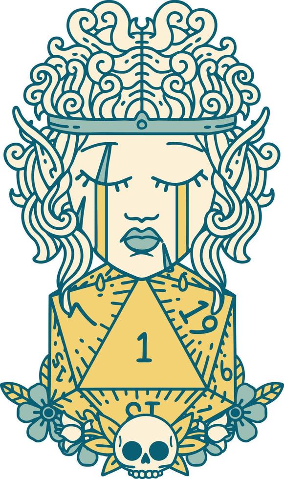 personaje bárbaro elfo llorando con una ilustración de rollo natural d20 vector